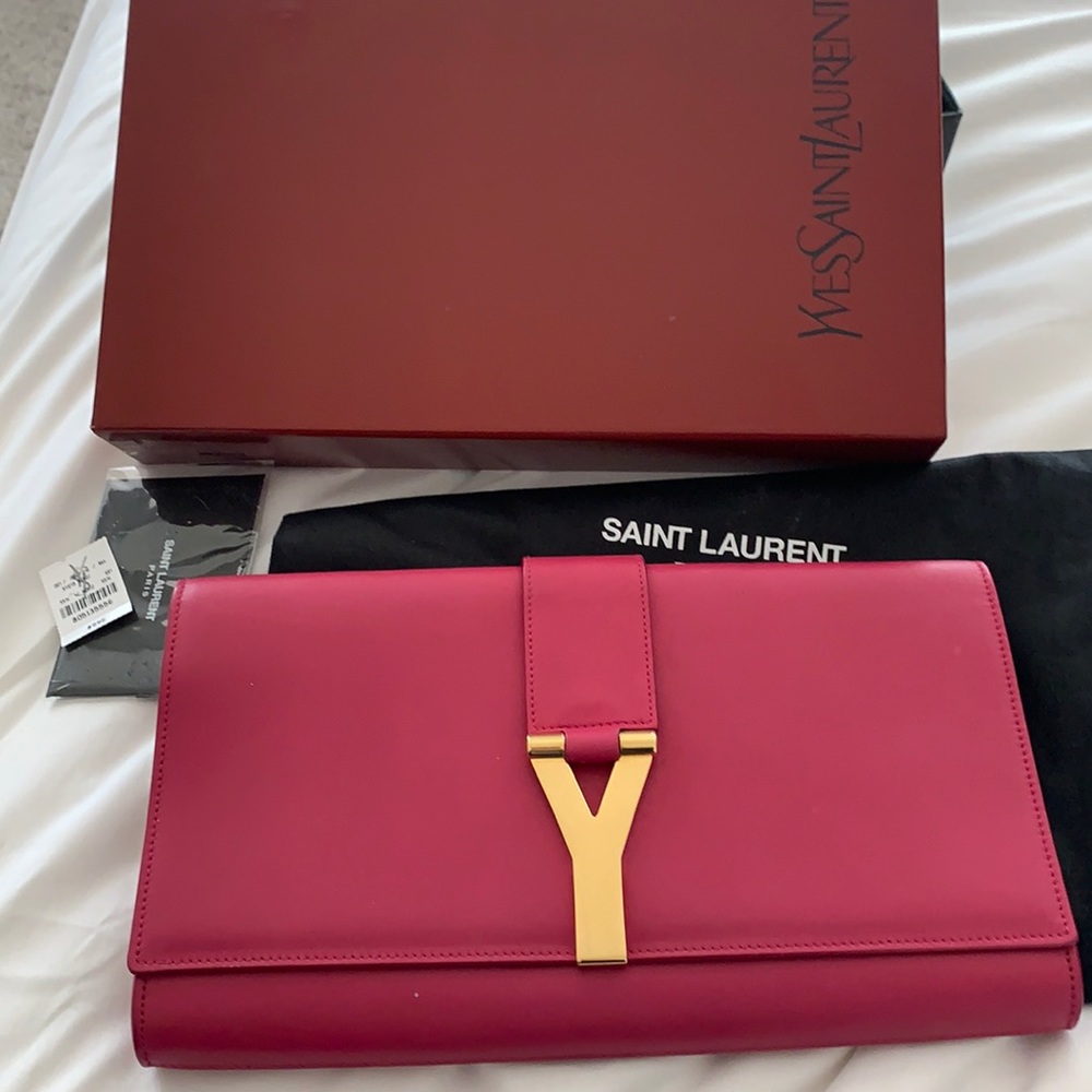 Auth saint laurent fuchsia cocktail party clutch bag with box
